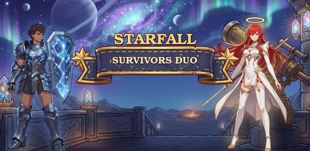 Bulwark and Lumen, the two heroes of Starfall Survivors Duo, under a night sky