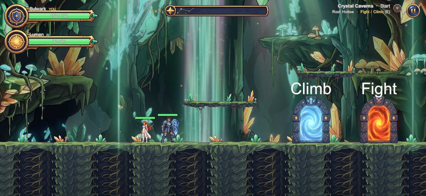 The heroes reach the Climb or Fight doors in the Crystal Caverns