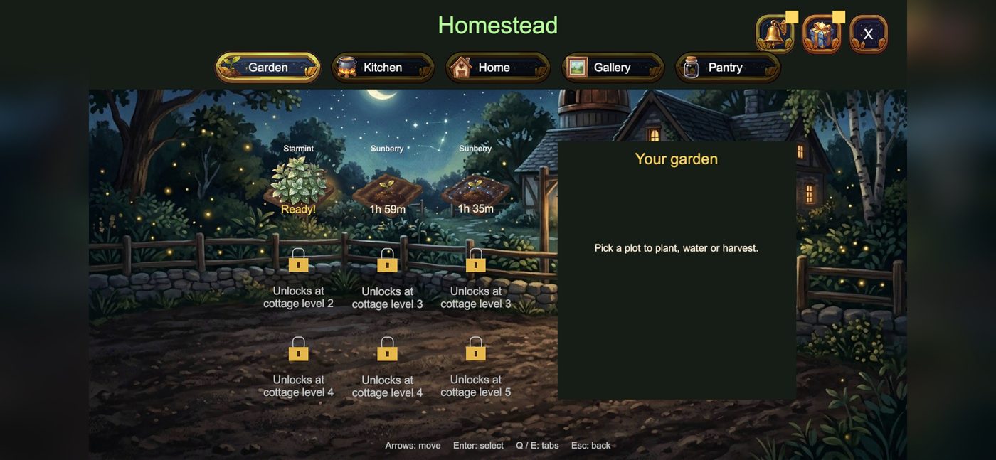 The Homestead garden at night
