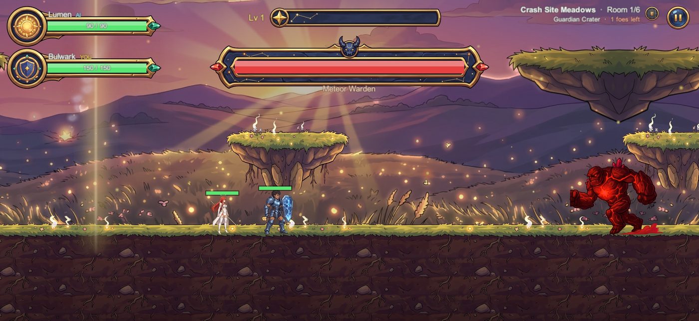 Bulwark and Lumen face the Meteor Warden boss in the Crash Site Meadows